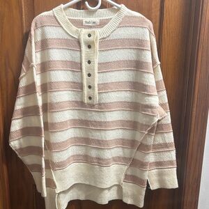 Peach Love California Women's Buttoned Striped Sweater - Cream and Tan